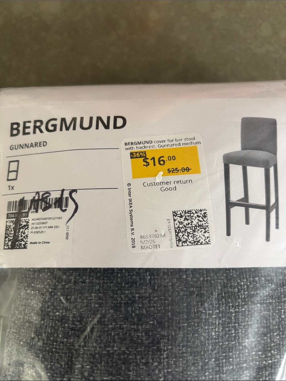 IKEA BERGMUND Gunnared Bar Stool Cover in Dark Gray (x2)